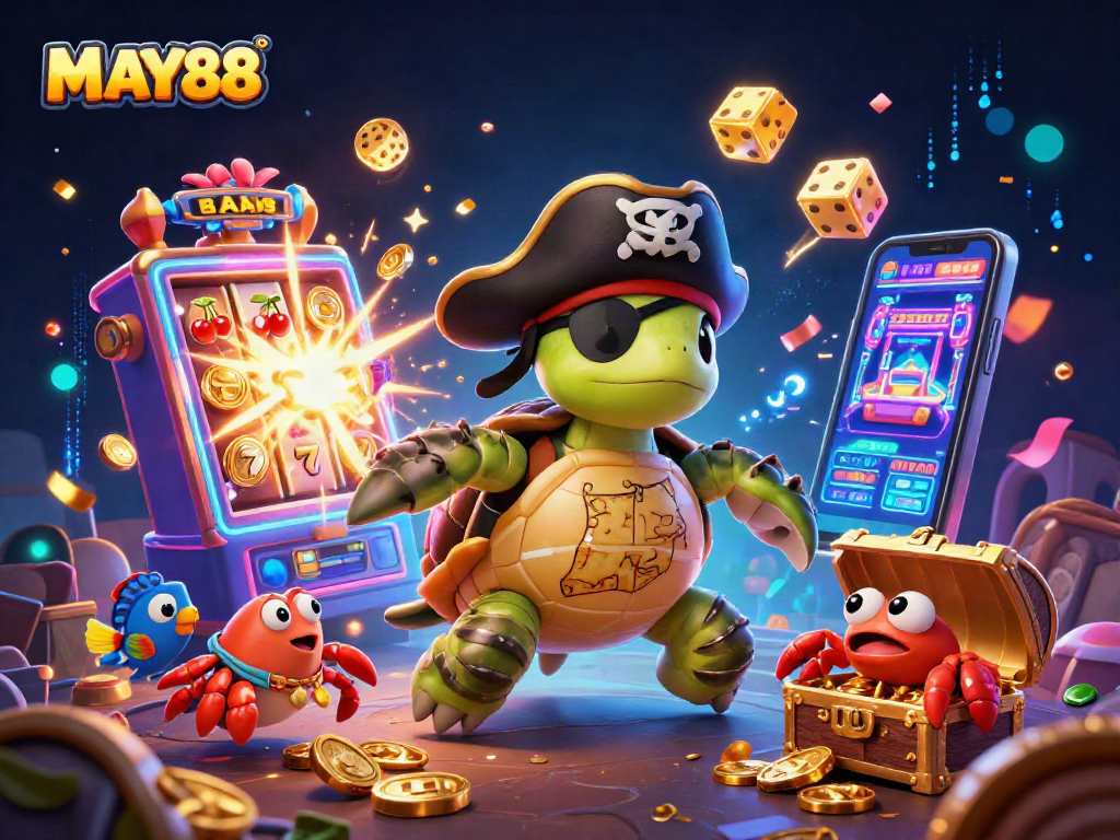 MAY88 showcases an adventurous scene with a pirate turtle, crab, and fish celebrating casino winnings.