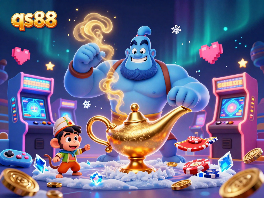 Experience thrilling gaming moments with qs88, featuring a genie, monkey, and poker chips in an exciting casino scene.