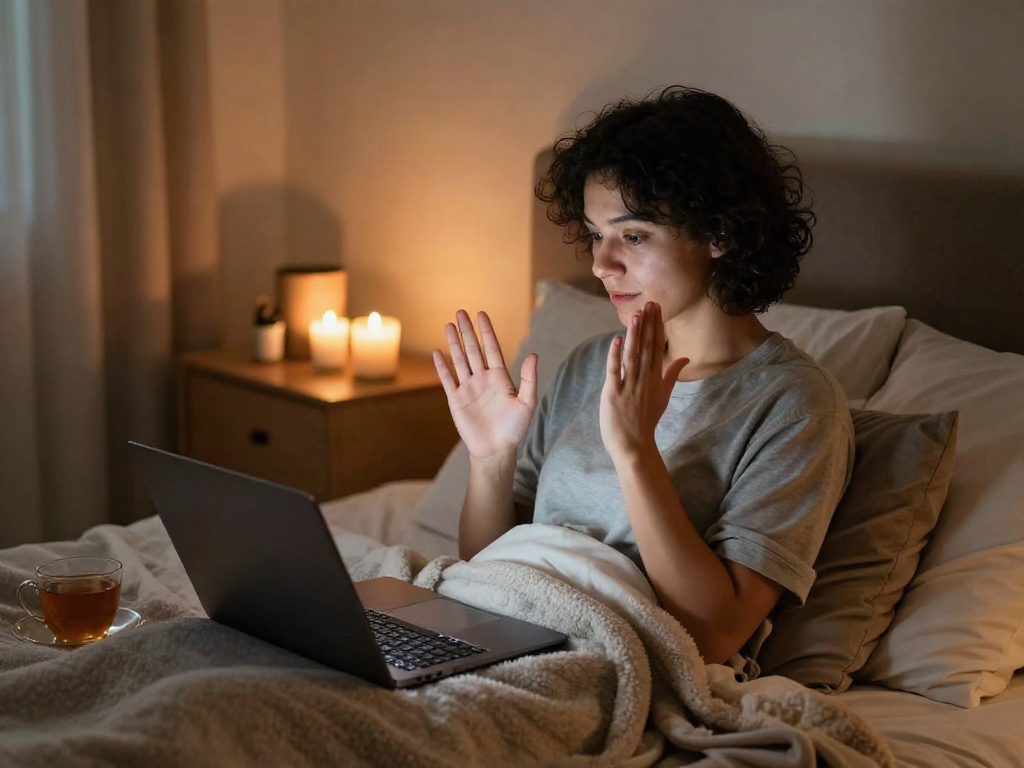 Engaging in sexchat from a cozy bedroom, creating an intimate online atmosphere.