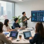 Diverse professionals in vibrant startup office collaborating on AI startups 2026 project ideas with laptops and presentations.