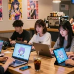 Engage in ecchi chat with diverse anime fans in a lively digital café.