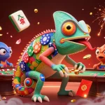Engage in "keo nha cai" betting action with a colorful chameleon owner amidst lively casino elements.