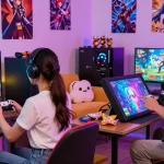 Adult gaming scene with characters from ecchigames in a vibrant, engaging environment.