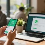 WhatsApp下載 interface displayed on smartphone in a café setting highlighting modern communication.
