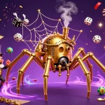 Engage with slot resmi in this lively scene featuring a steampunk spider and lottery elements.