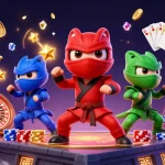 Win big with go88 in this vibrant 3D illustration of ninja chameleons amidst cascading coins and a spinning roulette wheel